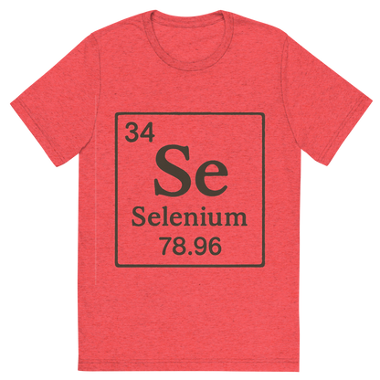 Front view of a Premium Tri-Blend Crew Neck T-Shirt in Red showing 'A line art, nostalgic graphic of selenium's entry on the periodic table, use a dark color for the lines and text'