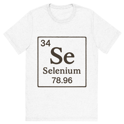 Front view of a Premium Tri-Blend Crew Neck T-Shirt in Solid White showing 'A line art, nostalgic graphic of selenium's entry on the periodic table, use a dark color for the lines and text'