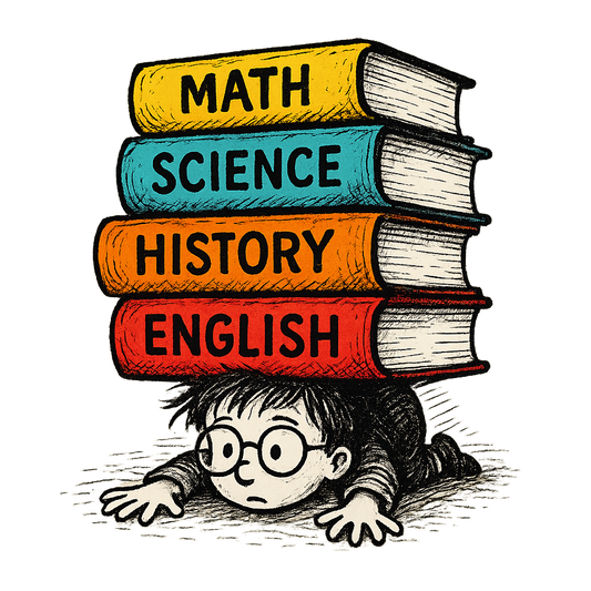 A hand-drawn ink with pop color, overwhelmed graphic of a small student buried under an enormous stack of books labeled “math”, “science”, “history”, and “english”, with the phrase “book stack beast” below. ink sketch with bright color labels. transparent background, centered layout, dtg optimized. - a t-shirt design