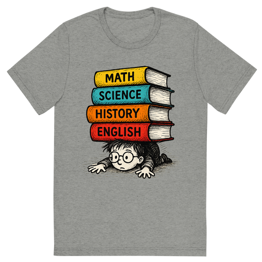 Front view of a Premium Tri-Blend Crew Neck T-Shirt in Athletic Grey showing 'A hand-drawn ink with pop color, overwhelmed graphic of a small student buried under an enormous stack of books labeled “math”, “science”, “history”, and “english”, with the phrase “book stack beast” below. ink sketch with bright color labels. transparent background, centered layout, dtg optimized.'