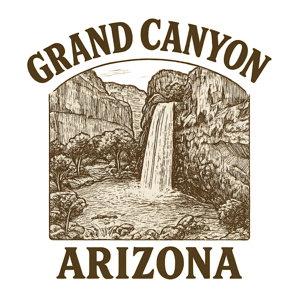 A typographic, nostalgic graphic of a typographic illustration of the words 'grand canyon, arizona' with a vintage line art drawing of the havasu falls – a t-shirt design