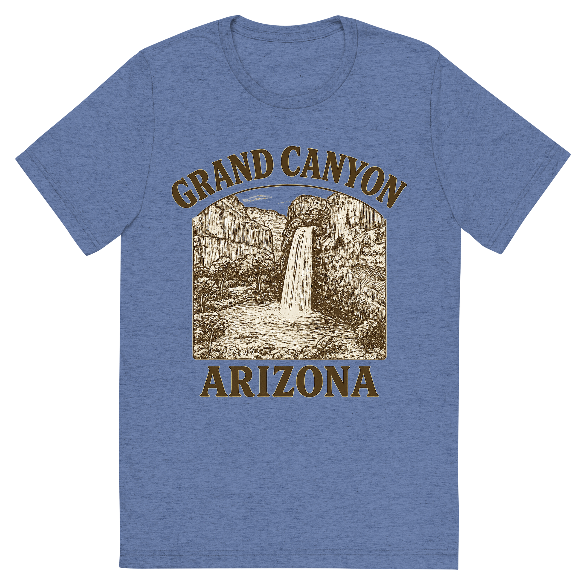 Front view of a Premium Tri-Blend Crew Neck T-Shirt in Blue showing 'A typographic, nostalgic graphic of a typographic illustration of the words 'grand canyon, arizona' with a vintage line art drawing of the havasu falls'