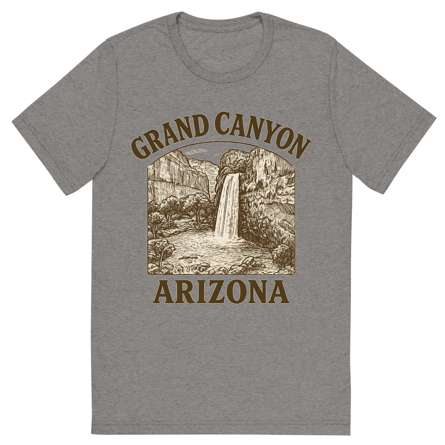 Front view of a Premium Tri-Blend Crew Neck T-Shirt in Grey showing 'A typographic, nostalgic graphic of a typographic illustration of the words 'grand canyon, arizona' with a vintage line art drawing of the havasu falls'
