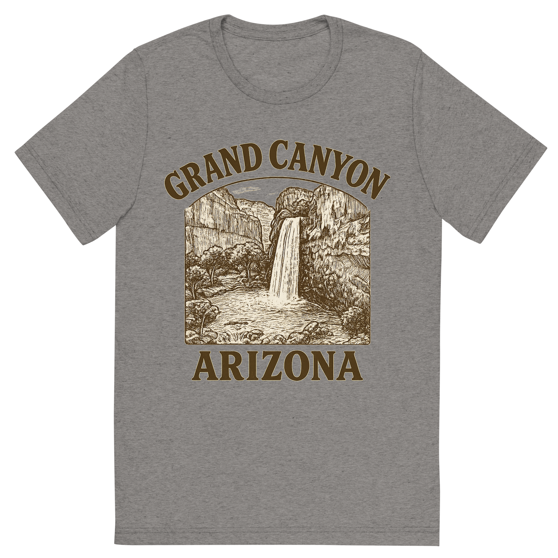 Front view of a Premium Tri-Blend Crew Neck T-Shirt in Grey showing 'A typographic, nostalgic graphic of a typographic illustration of the words 'grand canyon, arizona' with a vintage line art drawing of the havasu falls'