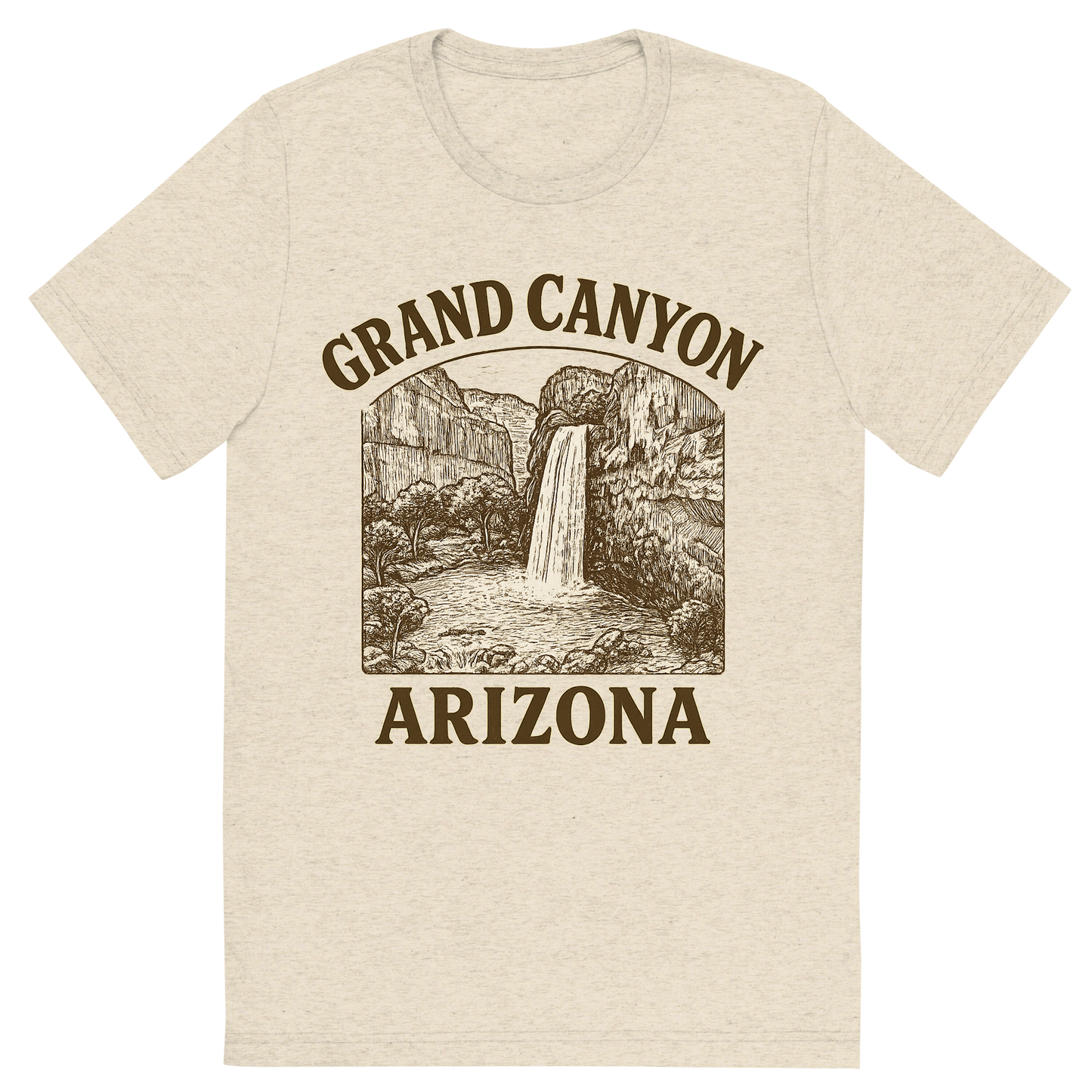 Front view of a Premium Tri-Blend Crew Neck T-Shirt in Oatmeal showing 'A typographic, nostalgic graphic of a typographic illustration of the words 'grand canyon, arizona' with a vintage line art drawing of the havasu falls'