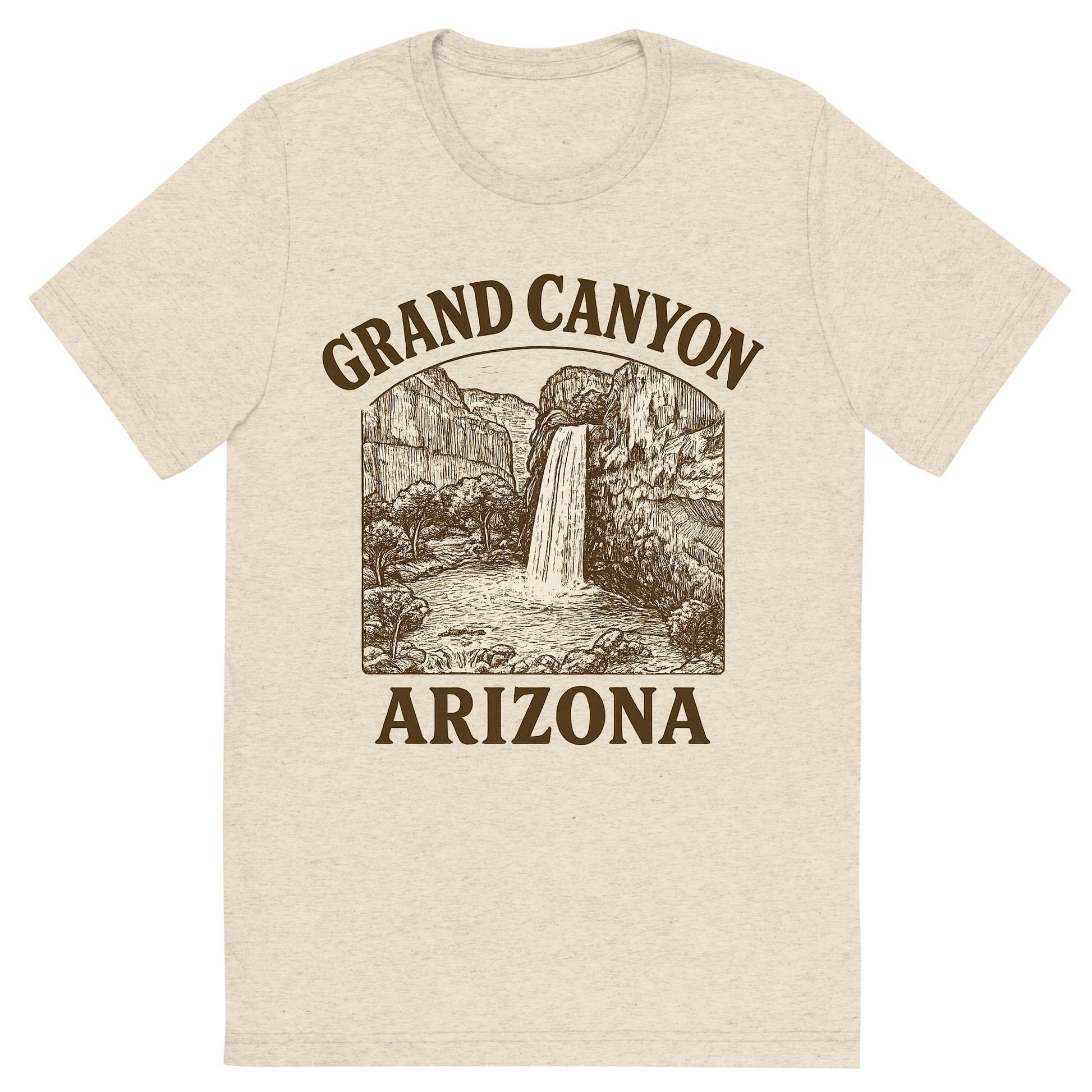 Front view of a Premium Tri-Blend Crew Neck T-Shirt in Oatmeal showing 'A typographic, nostalgic graphic of a typographic illustration of the words 'grand canyon, arizona' with a vintage line art drawing of the havasu falls'