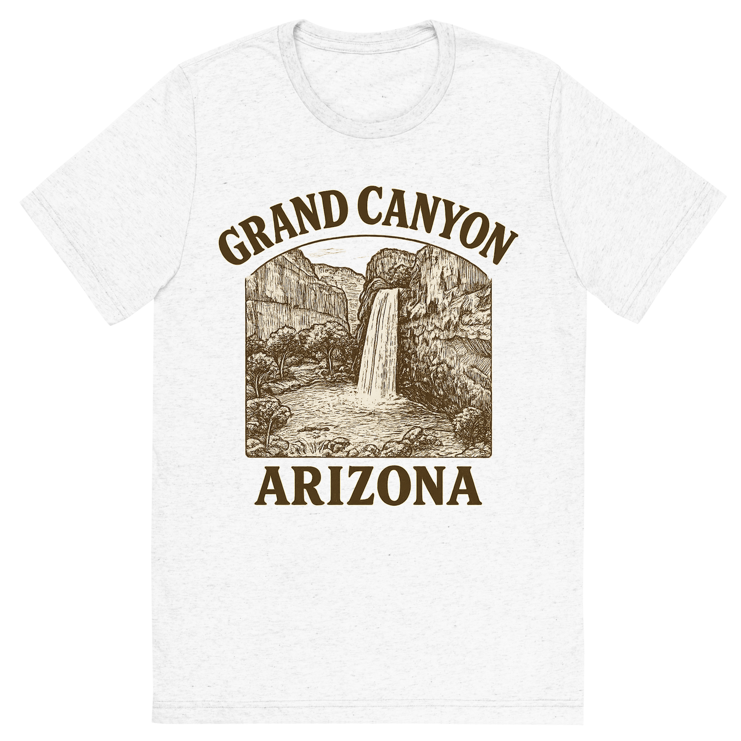 Front view of a Premium Tri-Blend Crew Neck T-Shirt in Solid White showing 'A typographic, nostalgic graphic of a typographic illustration of the words 'grand canyon, arizona' with a vintage line art drawing of the havasu falls'
