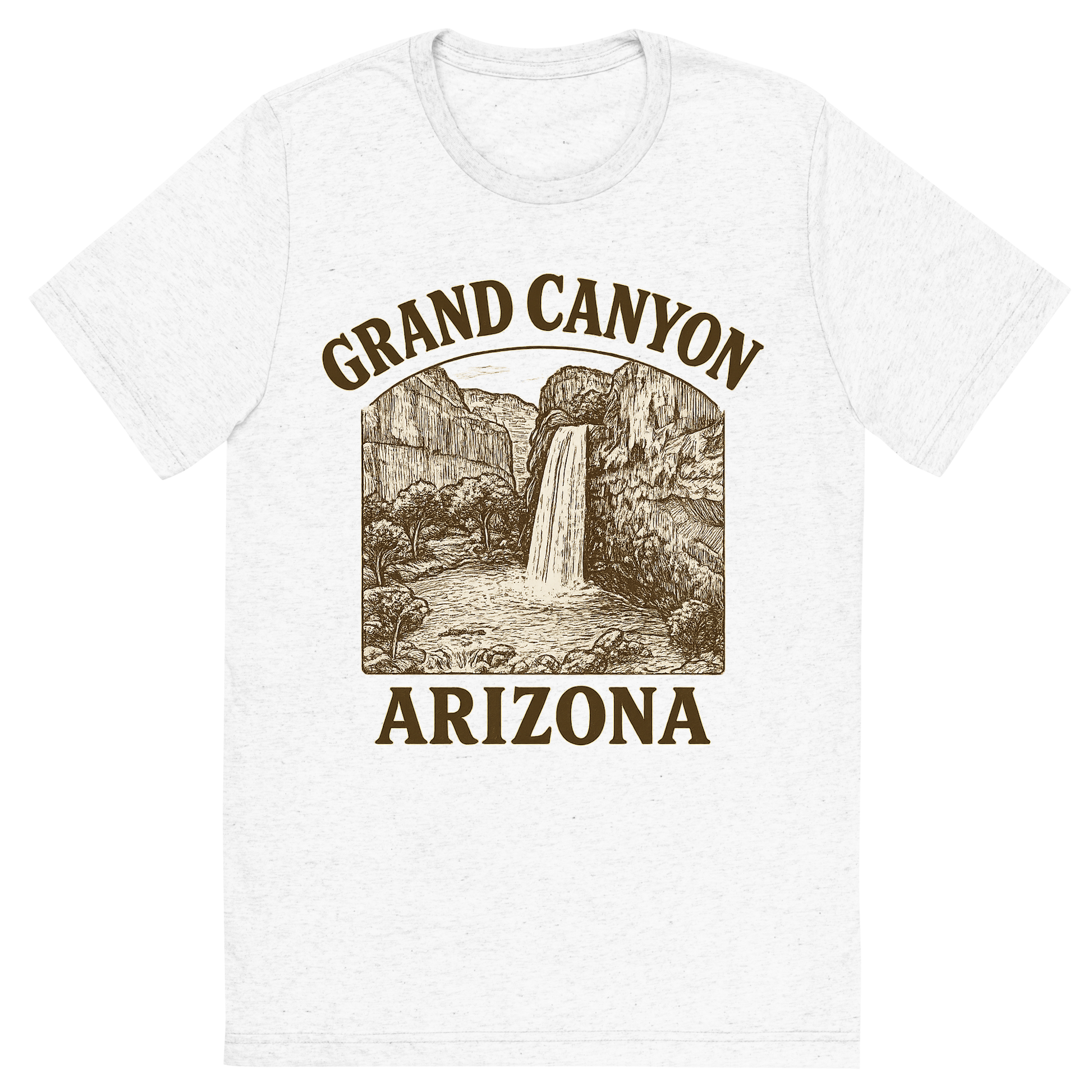 Front view of a Premium Tri-Blend Crew Neck T-Shirt in Solid White showing 'A typographic, nostalgic graphic of a typographic illustration of the words 'grand canyon, arizona' with a vintage line art drawing of the havasu falls'