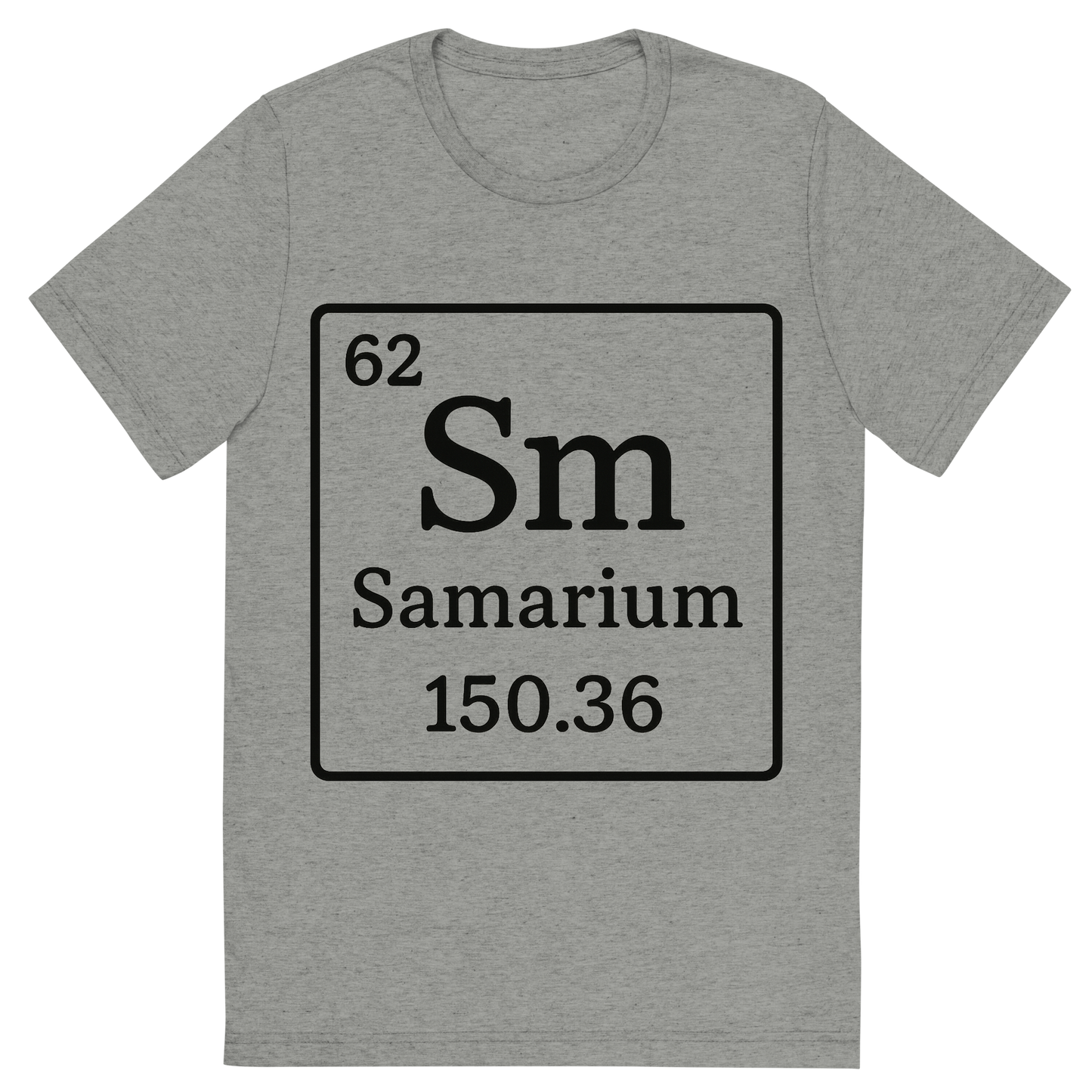 Front view of a Premium Tri-Blend Crew Neck T-Shirt in Athletic Grey showing 'A line art, nostalgic graphic of samarium's entry on the periodic table, use a dark color for the lines and text'