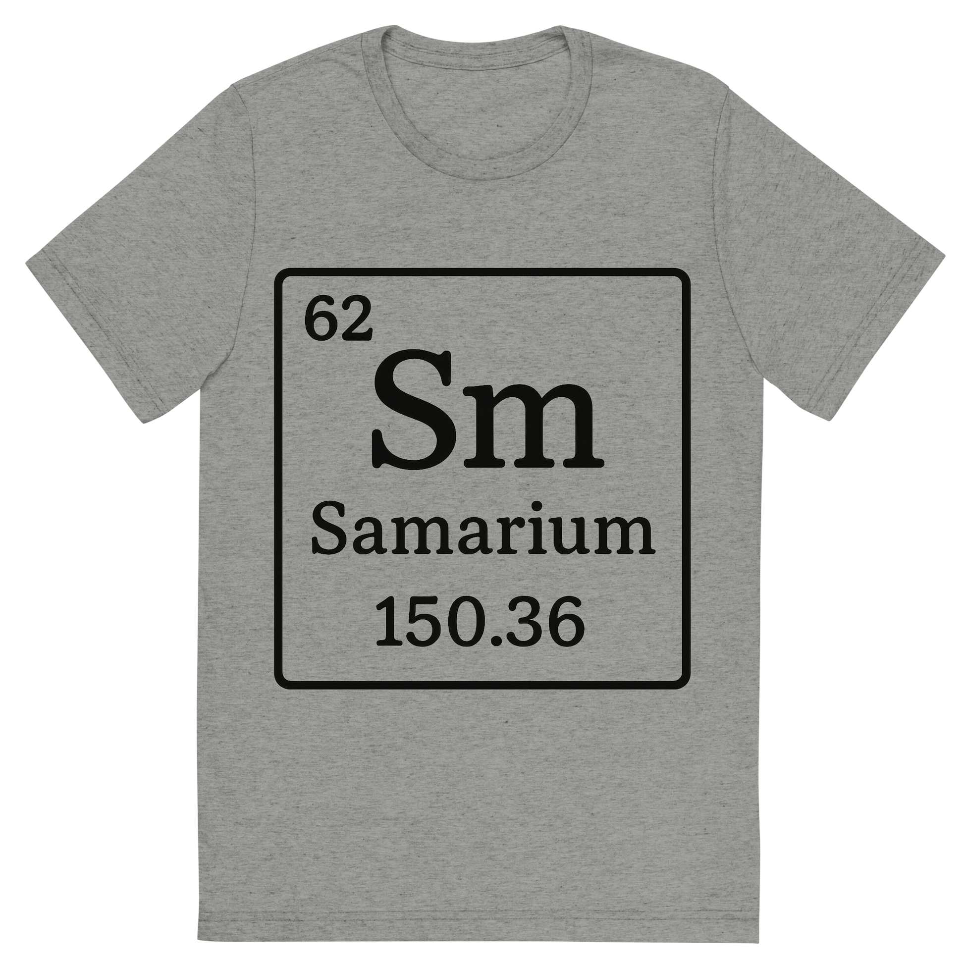 Front view of a Premium Tri-Blend Crew Neck T-Shirt in Athletic Grey showing 'A line art, nostalgic graphic of samarium's entry on the periodic table, use a dark color for the lines and text'