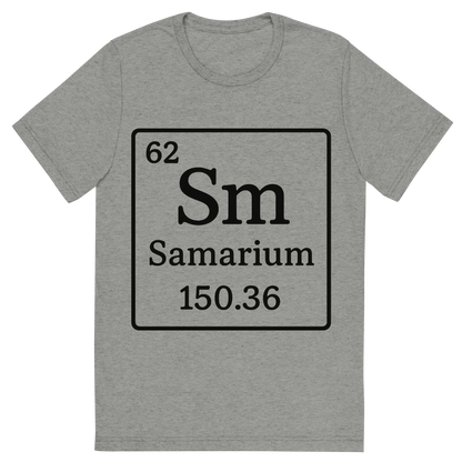 Front view of a Premium Tri-Blend Crew Neck T-Shirt in Athletic Grey showing 'A line art, nostalgic graphic of samarium's entry on the periodic table, use a dark color for the lines and text'