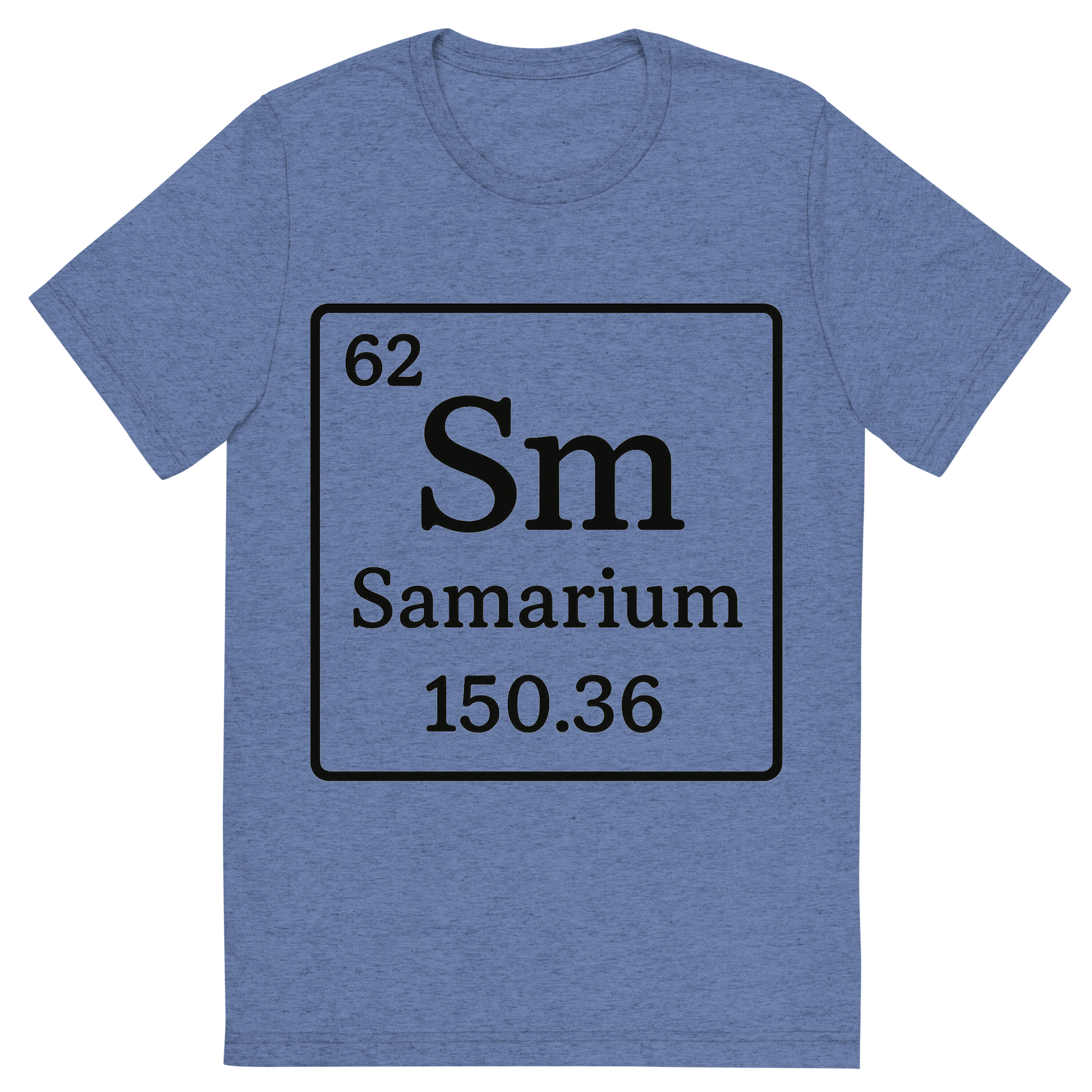 Front view of a Premium Tri-Blend Crew Neck T-Shirt in Blue showing 'A line art, nostalgic graphic of samarium's entry on the periodic table, use a dark color for the lines and text'