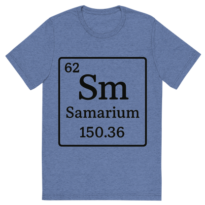Front view of a Premium Tri-Blend Crew Neck T-Shirt in Blue showing 'A line art, nostalgic graphic of samarium's entry on the periodic table, use a dark color for the lines and text'