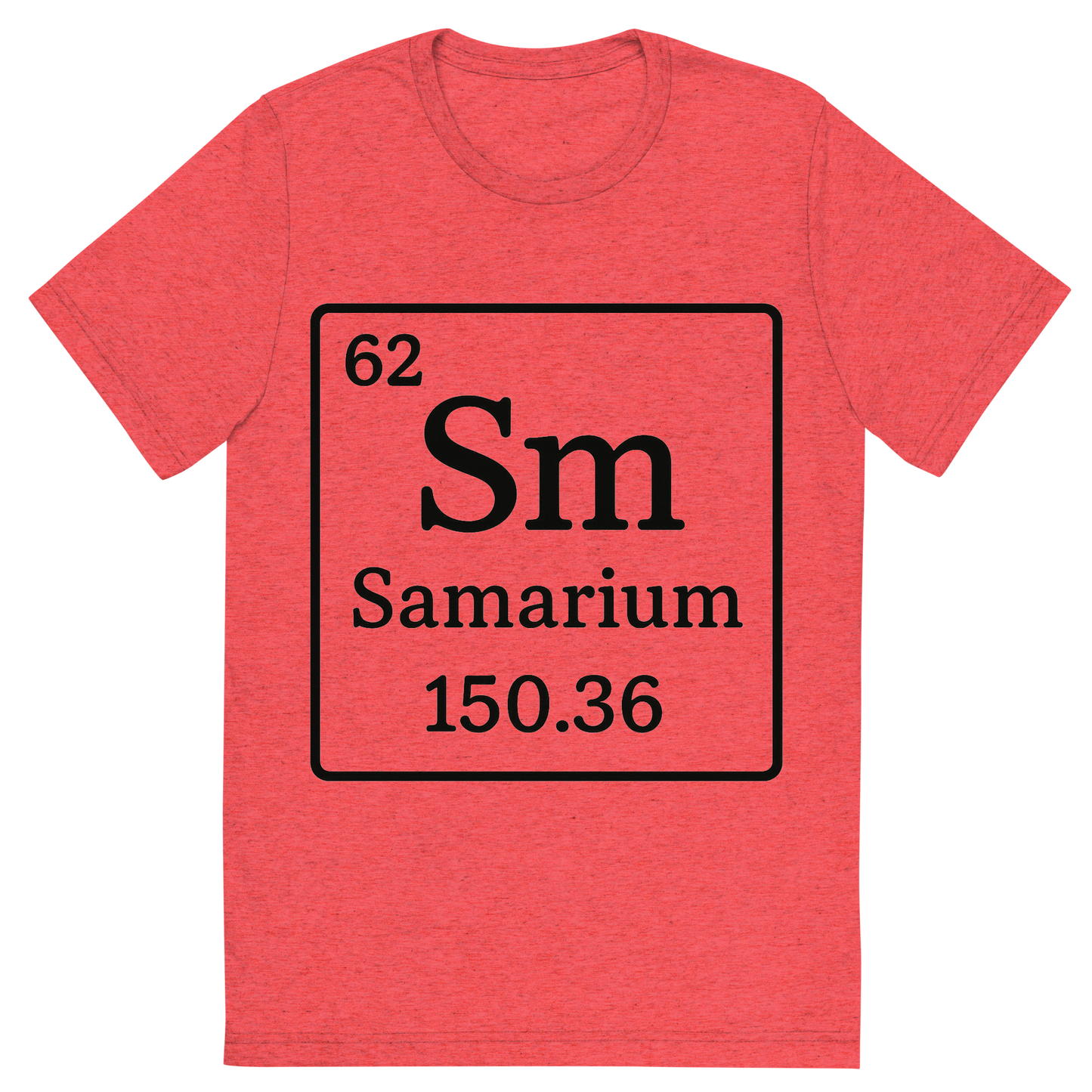 Front view of a Premium Tri-Blend Crew Neck T-Shirt in Red showing 'A line art, nostalgic graphic of samarium's entry on the periodic table, use a dark color for the lines and text'
