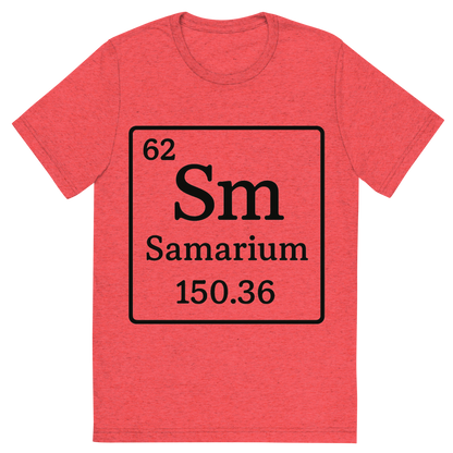 Front view of a Premium Tri-Blend Crew Neck T-Shirt in Red showing 'A line art, nostalgic graphic of samarium's entry on the periodic table, use a dark color for the lines and text'