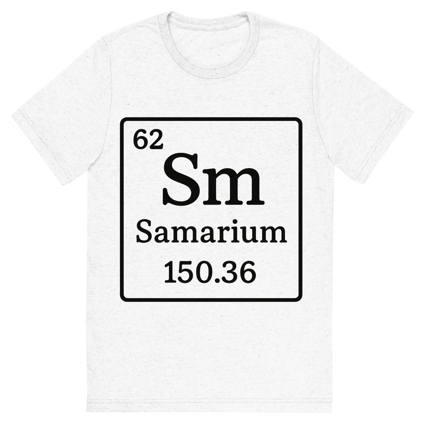 Front view of a Premium Tri-Blend Crew Neck T-Shirt in Solid White showing 'A line art, nostalgic graphic of samarium's entry on the periodic table, use a dark color for the lines and text'
