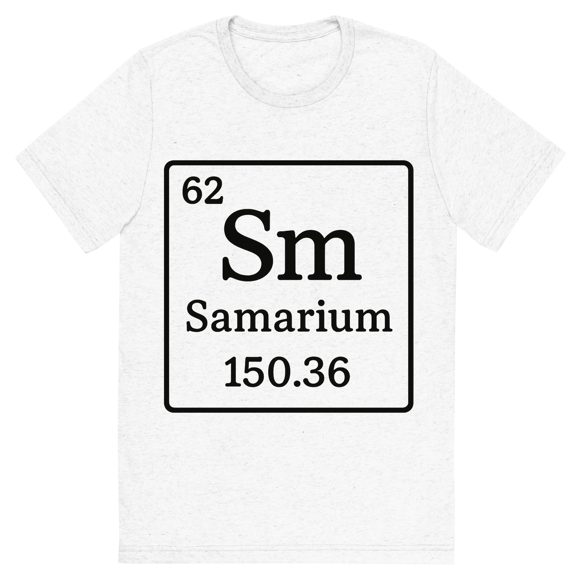Front view of a Premium Tri-Blend Crew Neck T-Shirt in Solid White showing 'A line art, nostalgic graphic of samarium's entry on the periodic table, use a dark color for the lines and text'