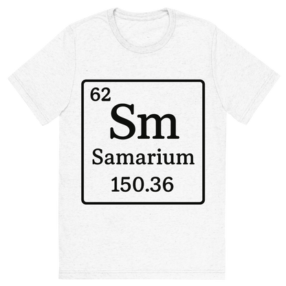 Front view of a Premium Tri-Blend Crew Neck T-Shirt in Solid White showing 'A line art, nostalgic graphic of samarium's entry on the periodic table, use a dark color for the lines and text'