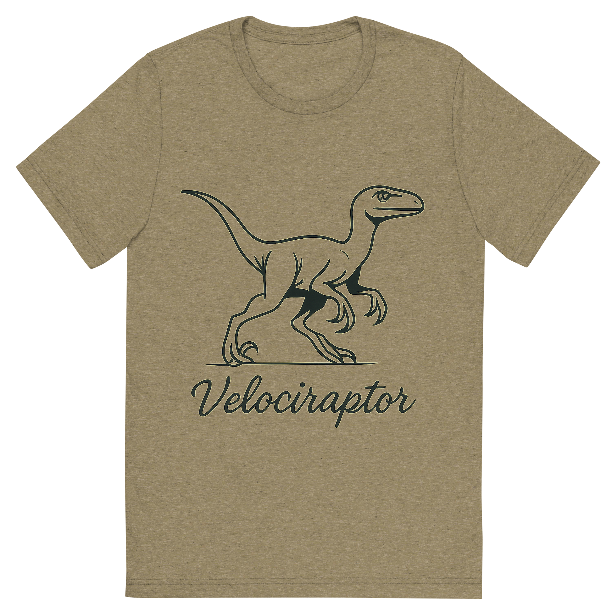 Front view of a Premium Tri-Blend Crew Neck T-Shirt in Olive showing 'A flat, neutral graphic of a sleek sketch of a velociraptor in motion, shown with its sickle claws and alert posture. “velociraptor” is written below in script. ink illustration on a white background.'