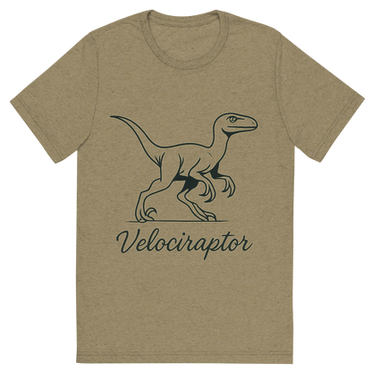 Front view of a Premium Tri-Blend Crew Neck T-Shirt in Olive showing 'A flat, neutral graphic of a sleek sketch of a velociraptor in motion, shown with its sickle claws and alert posture. “velociraptor” is written below in script. ink illustration on a white background.'