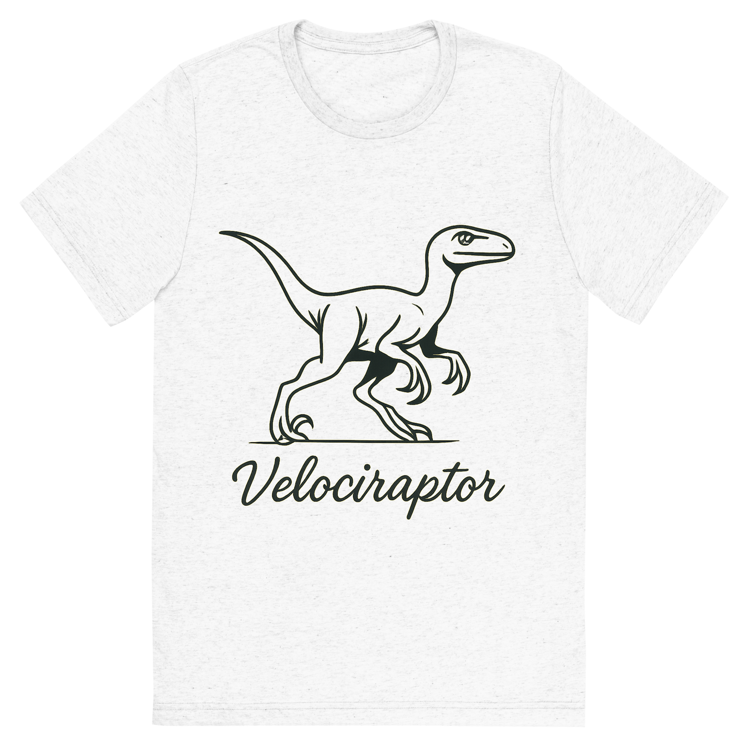 Front view of a Premium Tri-Blend Crew Neck T-Shirt in Solid White showing 'A flat, neutral graphic of a sleek sketch of a velociraptor in motion, shown with its sickle claws and alert posture. “velociraptor” is written below in script. ink illustration on a white background.'