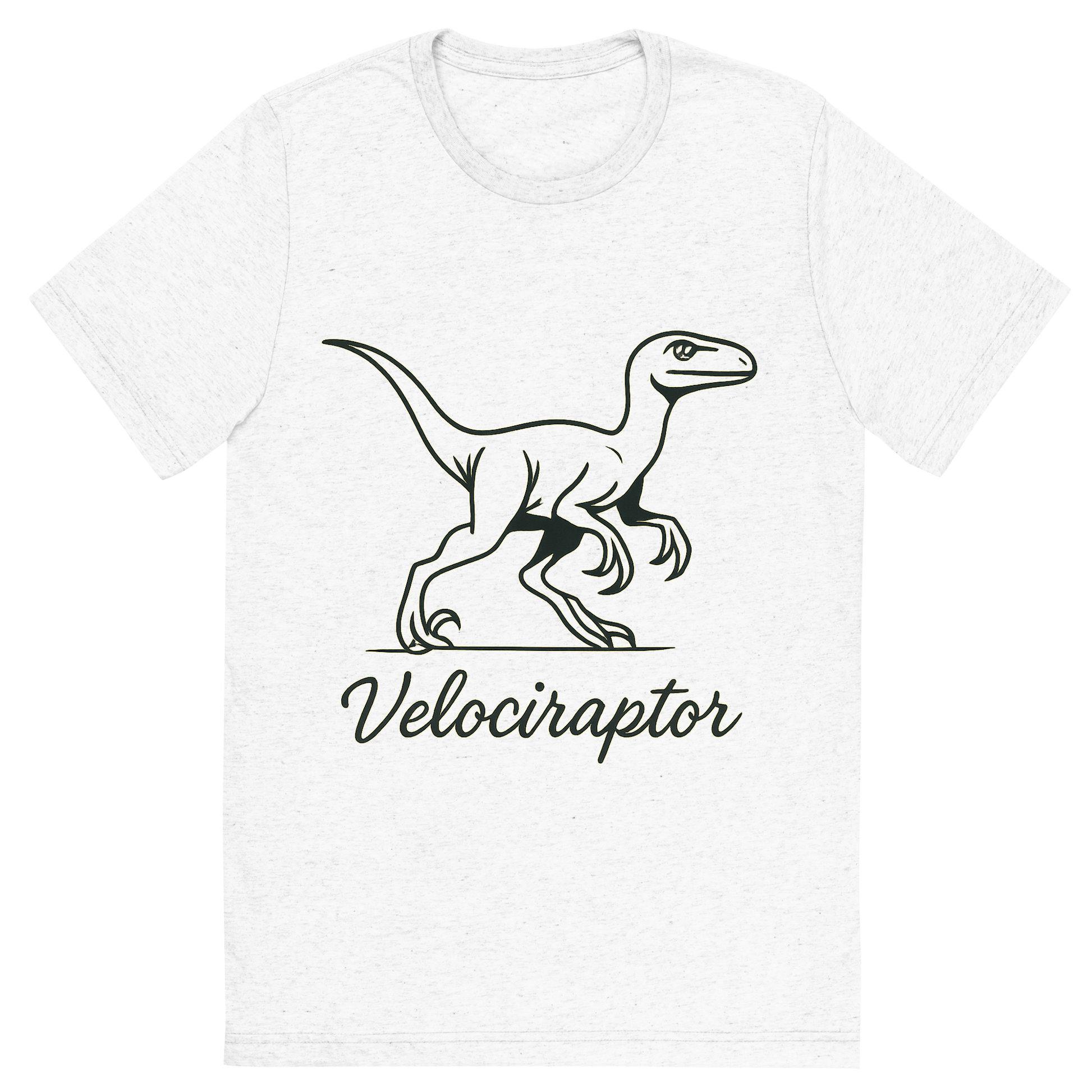 Front view of a Premium Tri-Blend Crew Neck T-Shirt in Solid White showing 'A flat, neutral graphic of a sleek sketch of a velociraptor in motion, shown with its sickle claws and alert posture. “velociraptor” is written below in script. ink illustration on a white background.'