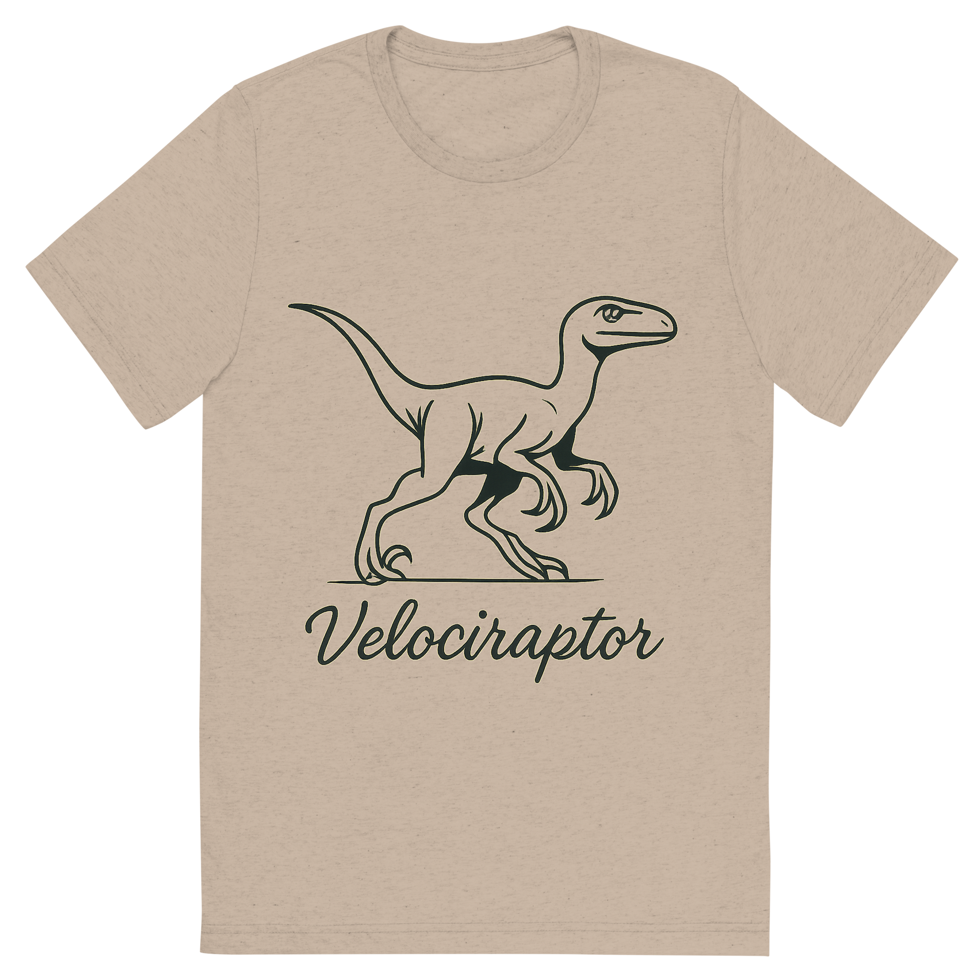 Front view of a Premium Tri-Blend Crew Neck T-Shirt in Tan showing 'A flat, neutral graphic of a sleek sketch of a velociraptor in motion, shown with its sickle claws and alert posture. “velociraptor” is written below in script. ink illustration on a white background.'