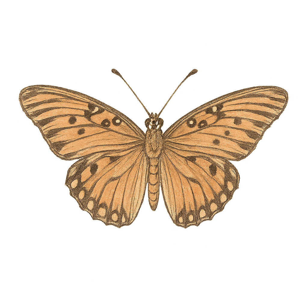 A hand-drawn, tranquil graphic of gulf fritillary butterfly – a t-shirt design