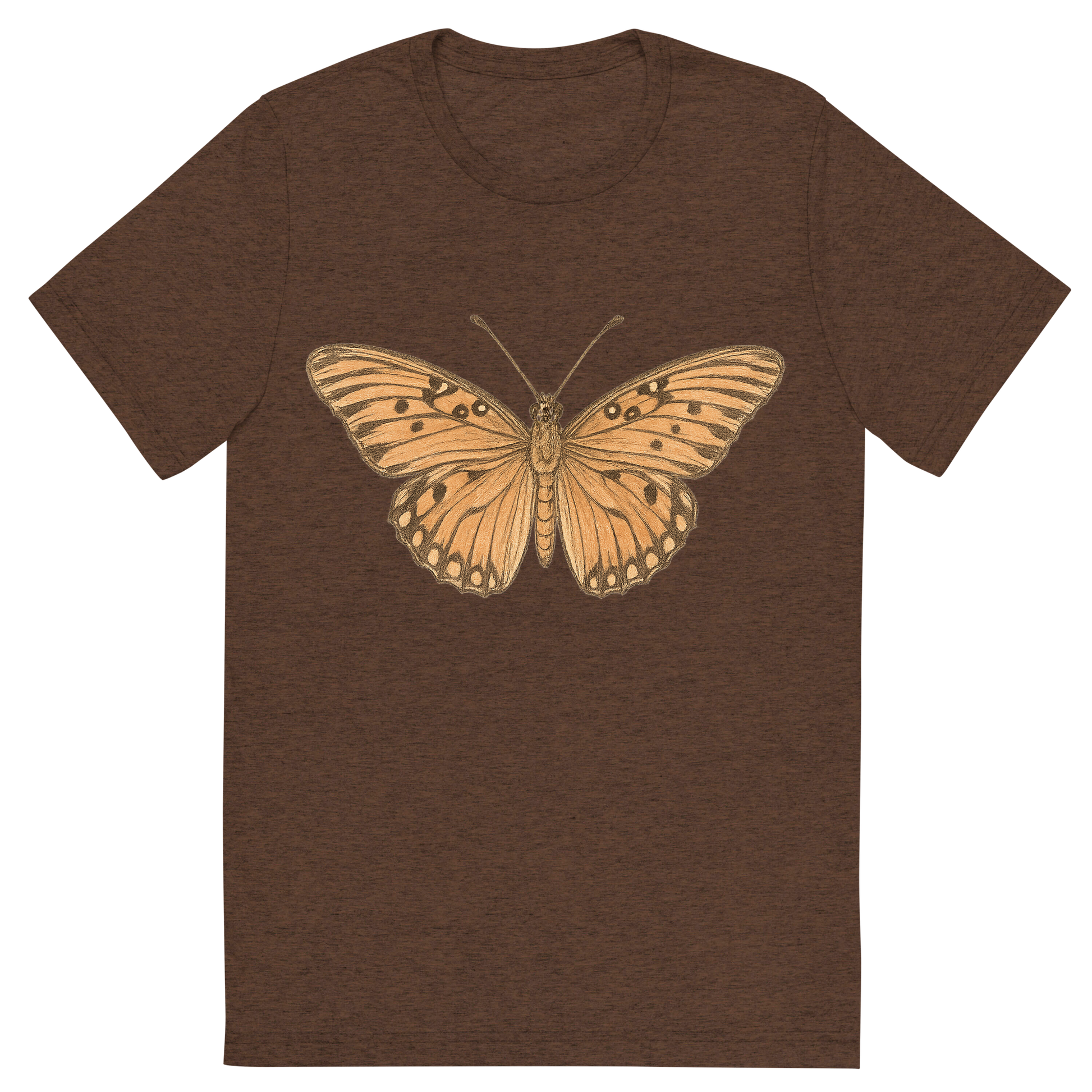 Front view of a Premium Tri-Blend Crew Neck T-Shirt in Brown showing 'A hand-drawn, tranquil graphic of gulf fritillary butterfly'