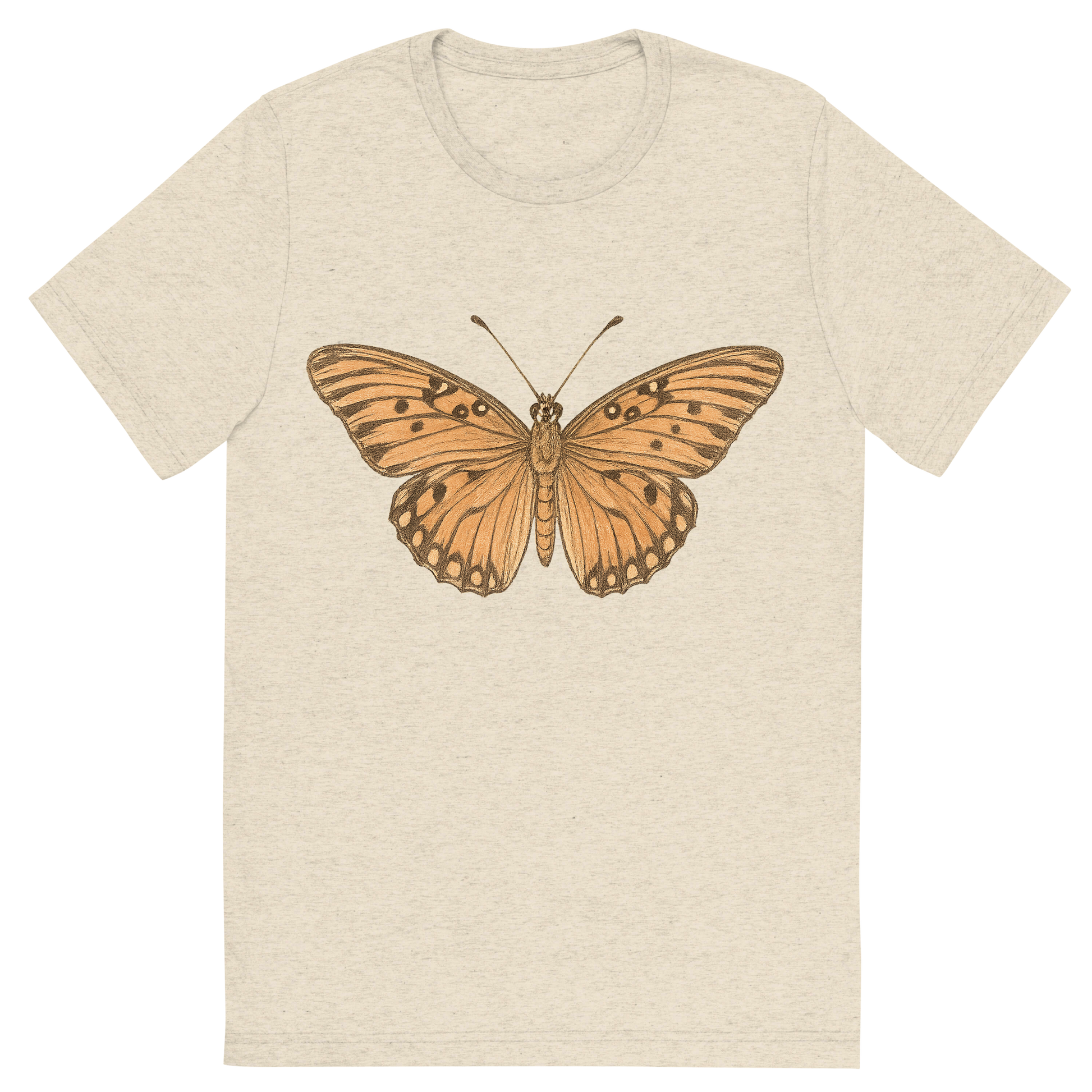 Front view of a Premium Tri-Blend Crew Neck T-Shirt in Oatmeal showing 'A hand-drawn, tranquil graphic of gulf fritillary butterfly'