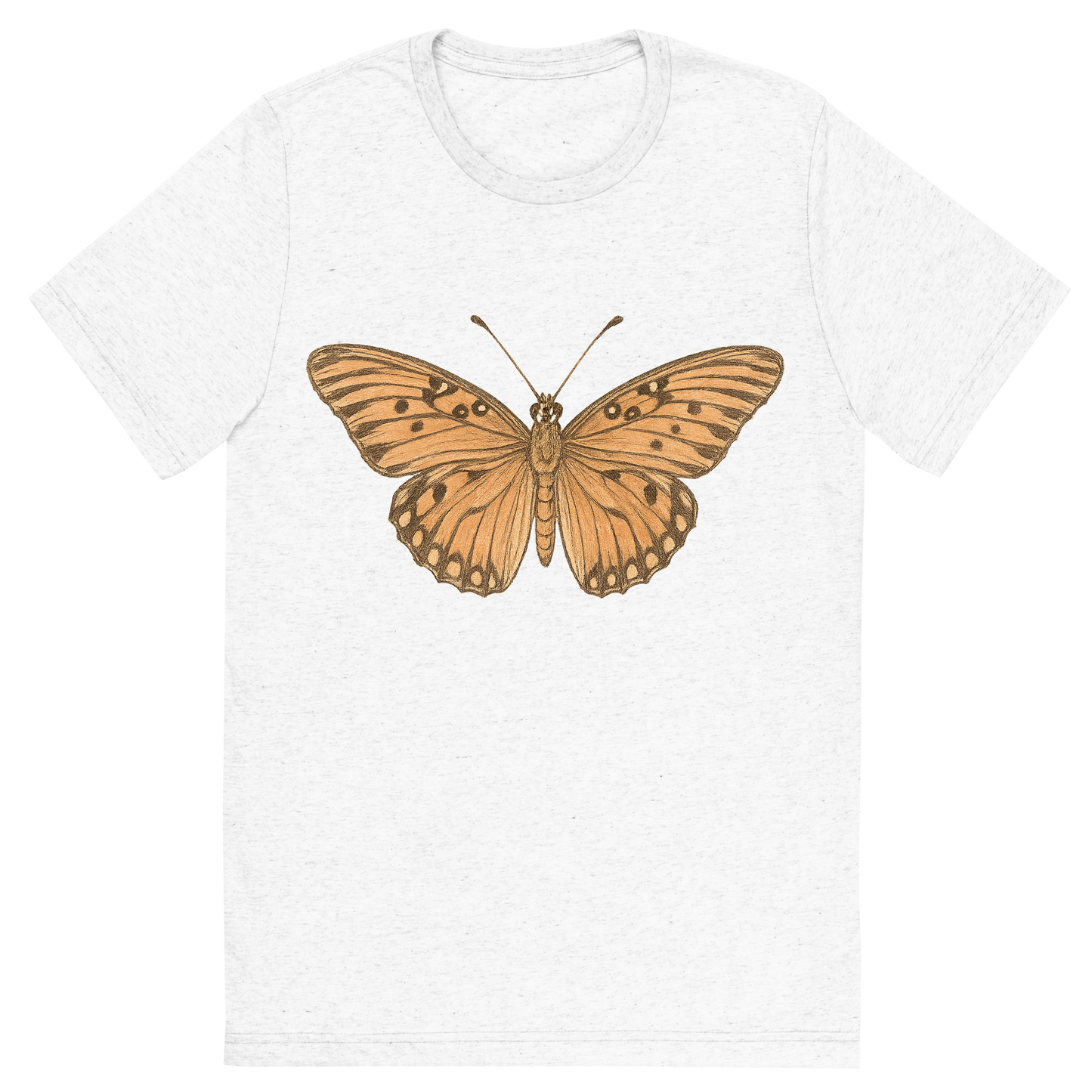 Front view of a Premium Tri-Blend Crew Neck T-Shirt in Solid White showing 'A hand-drawn, tranquil graphic of gulf fritillary butterfly'
