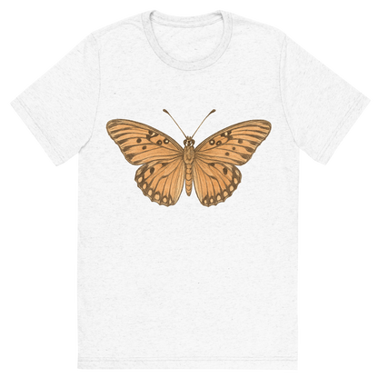 Front view of a Premium Tri-Blend Crew Neck T-Shirt in Solid White showing 'A hand-drawn, tranquil graphic of gulf fritillary butterfly'