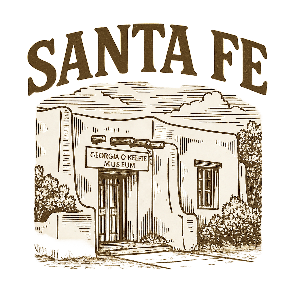A typographic, nostalgic graphic of a typographic illustration of the words 'santa fe' with a vintage line art drawing of the georgia o’keeffe museum – a t-shirt design
