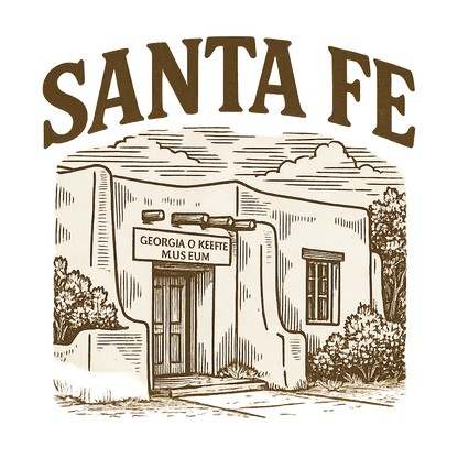 A typographic, nostalgic graphic of a typographic illustration of the words 'santa fe' with a vintage line art drawing of the georgia o’keeffe museum – a t-shirt design