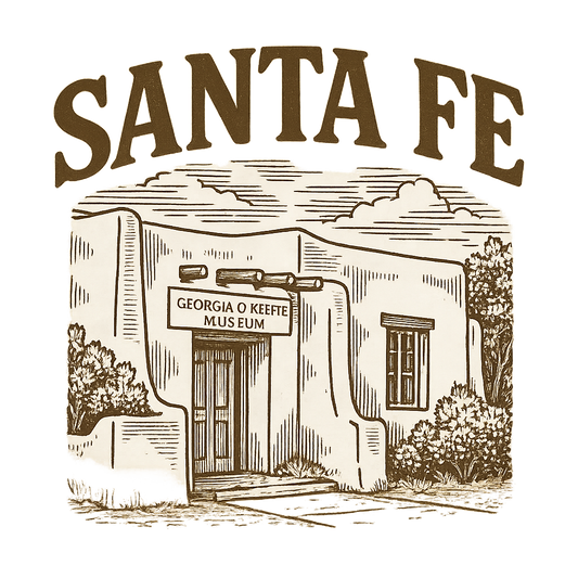 A typographic, nostalgic graphic of a typographic illustration of the words 'santa fe' with a vintage line art drawing of the georgia o’keeffe museum – a t-shirt design