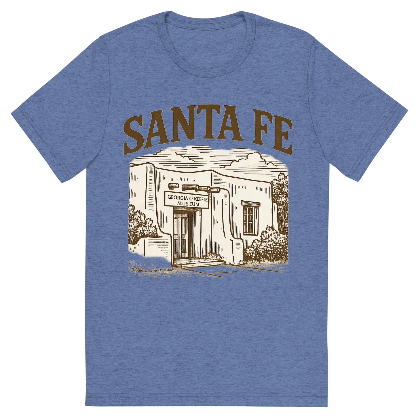 Front view of a Premium Tri-Blend Crew Neck T-Shirt in Blue showing 'A typographic, nostalgic graphic of a typographic illustration of the words 'santa fe' with a vintage line art drawing of the georgia o’keeffe museum'