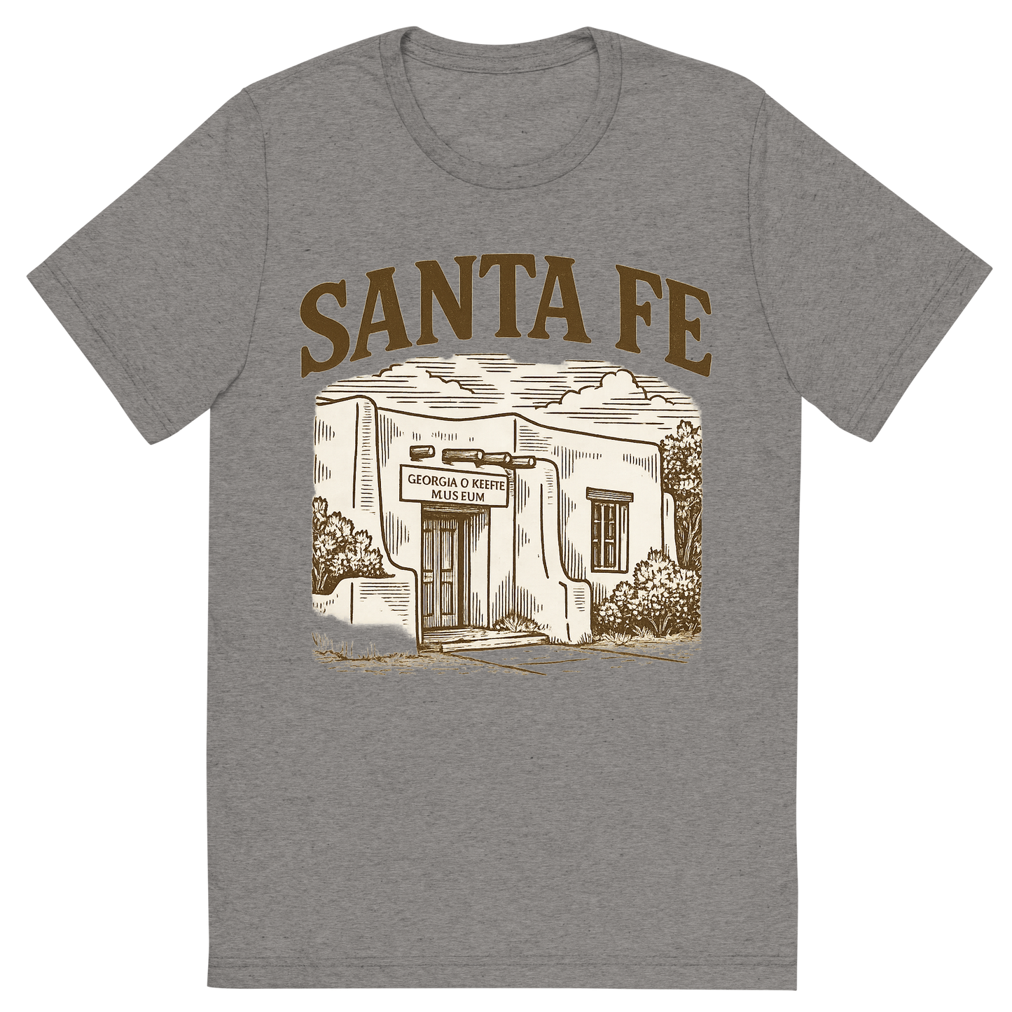 Front view of a Premium Tri-Blend Crew Neck T-Shirt in Grey showing 'A typographic, nostalgic graphic of a typographic illustration of the words 'santa fe' with a vintage line art drawing of the georgia o’keeffe museum'