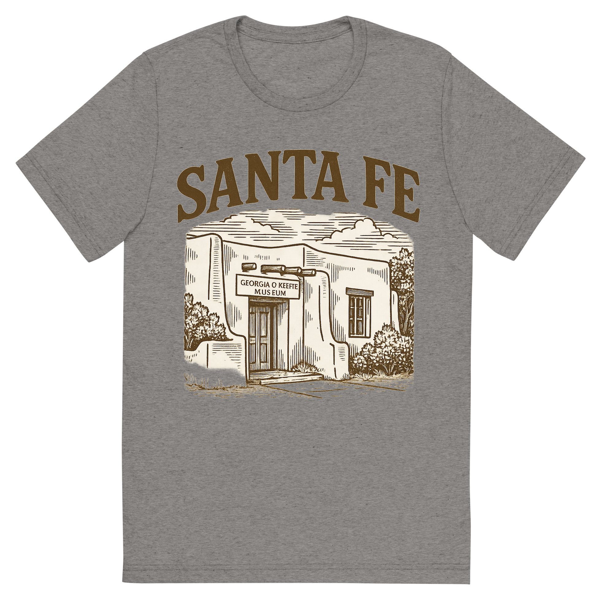 Front view of a Premium Tri-Blend Crew Neck T-Shirt in Grey showing 'A typographic, nostalgic graphic of a typographic illustration of the words 'santa fe' with a vintage line art drawing of the georgia o’keeffe museum'