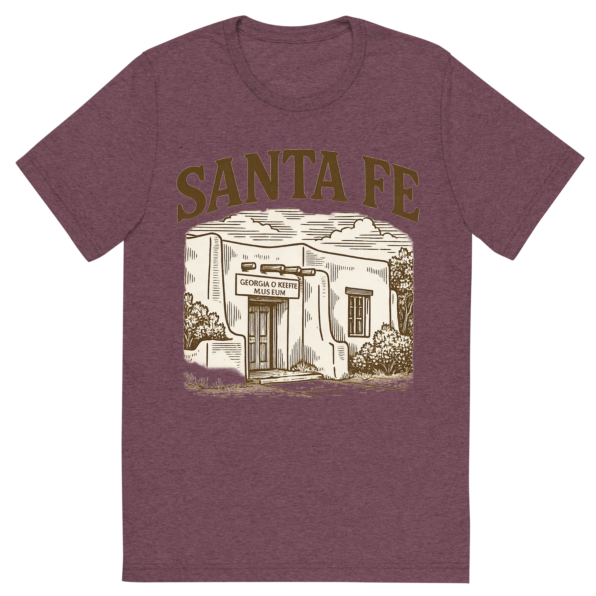 Front view of a Premium Tri-Blend Crew Neck T-Shirt in Maroon showing 'A typographic, nostalgic graphic of a typographic illustration of the words 'santa fe' with a vintage line art drawing of the georgia o’keeffe museum'