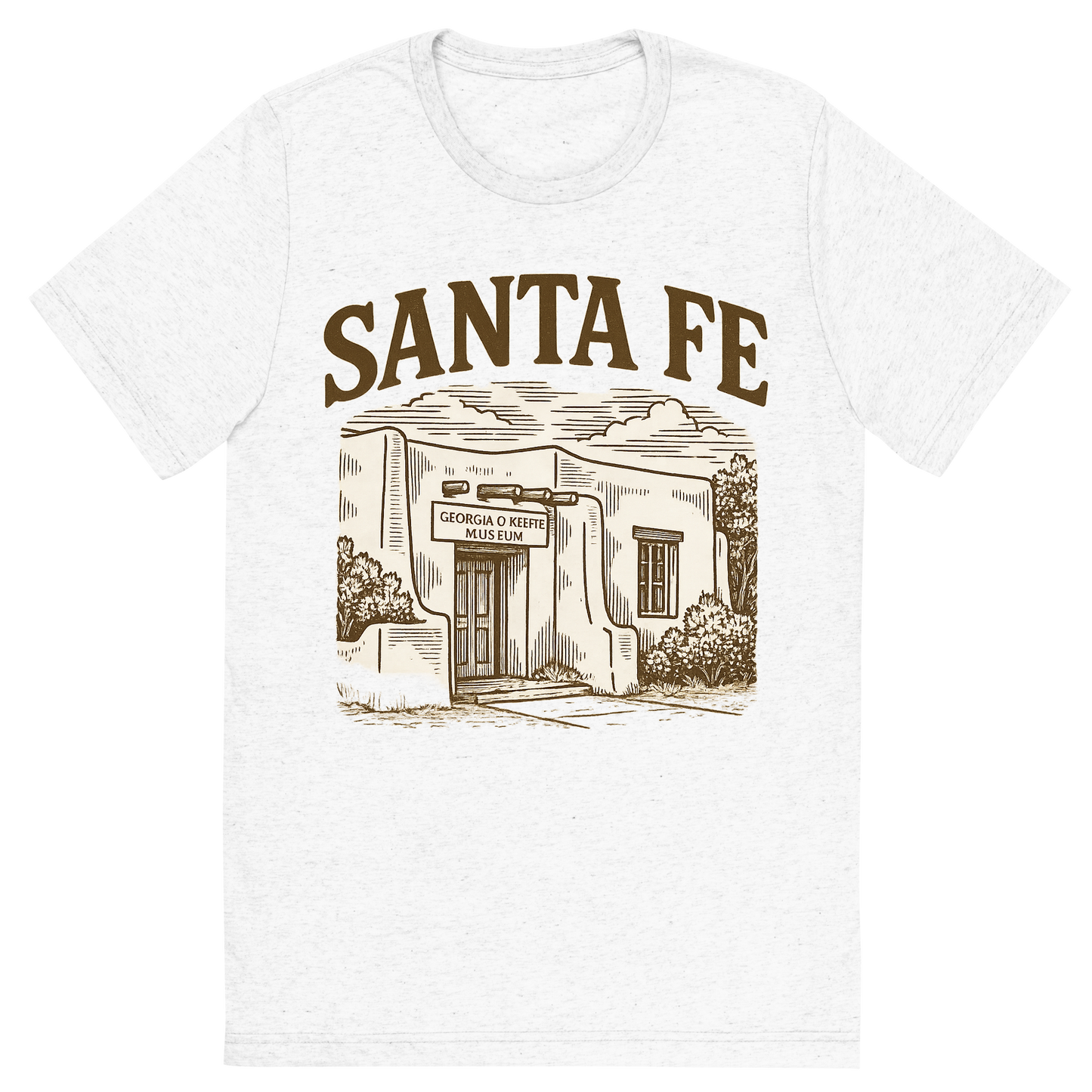 Front view of a Premium Tri-Blend Crew Neck T-Shirt in Solid White showing 'A typographic, nostalgic graphic of a typographic illustration of the words 'santa fe' with a vintage line art drawing of the georgia o’keeffe museum'
