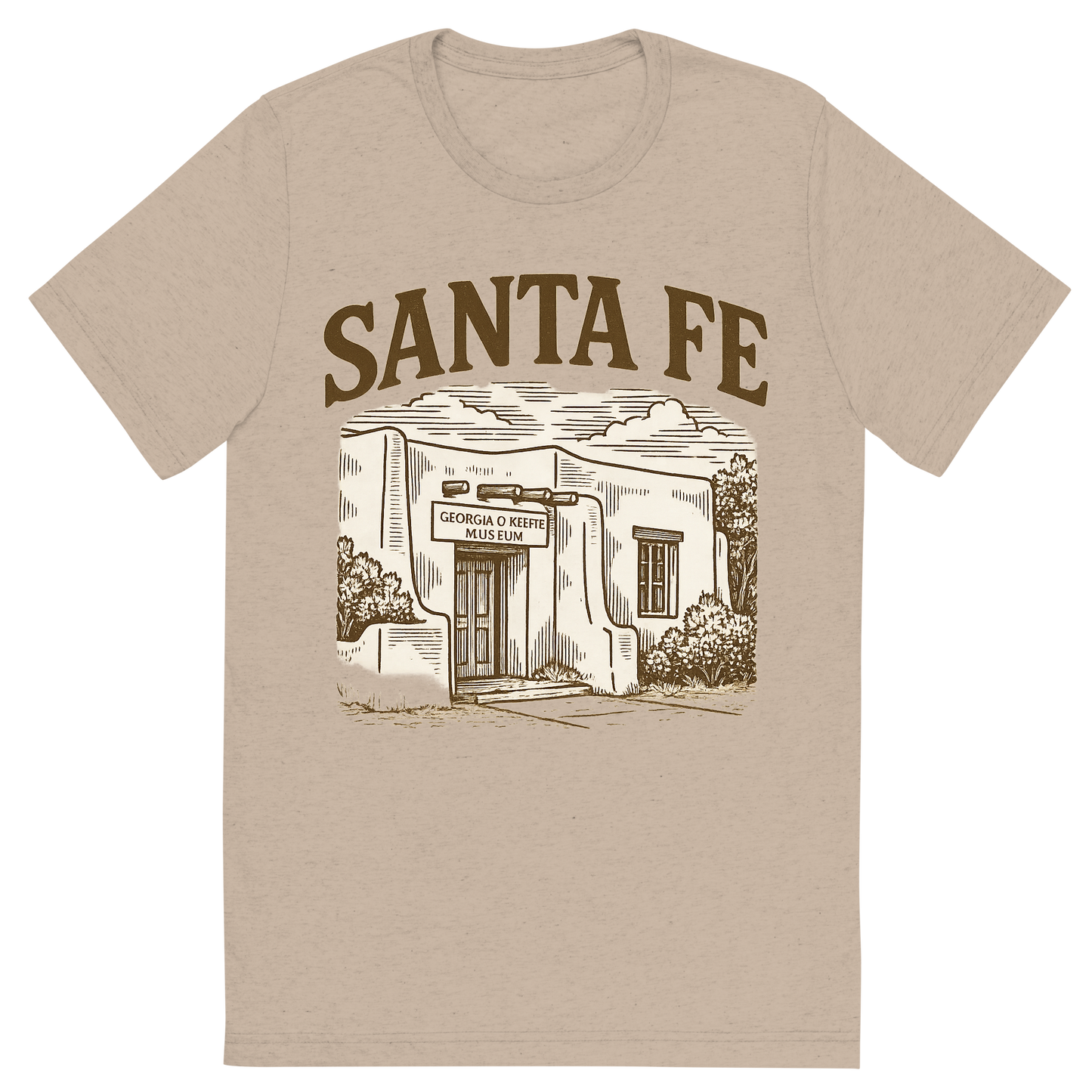 Front view of a Premium Tri-Blend Crew Neck T-Shirt in Tan showing 'A typographic, nostalgic graphic of a typographic illustration of the words 'santa fe' with a vintage line art drawing of the georgia o’keeffe museum'