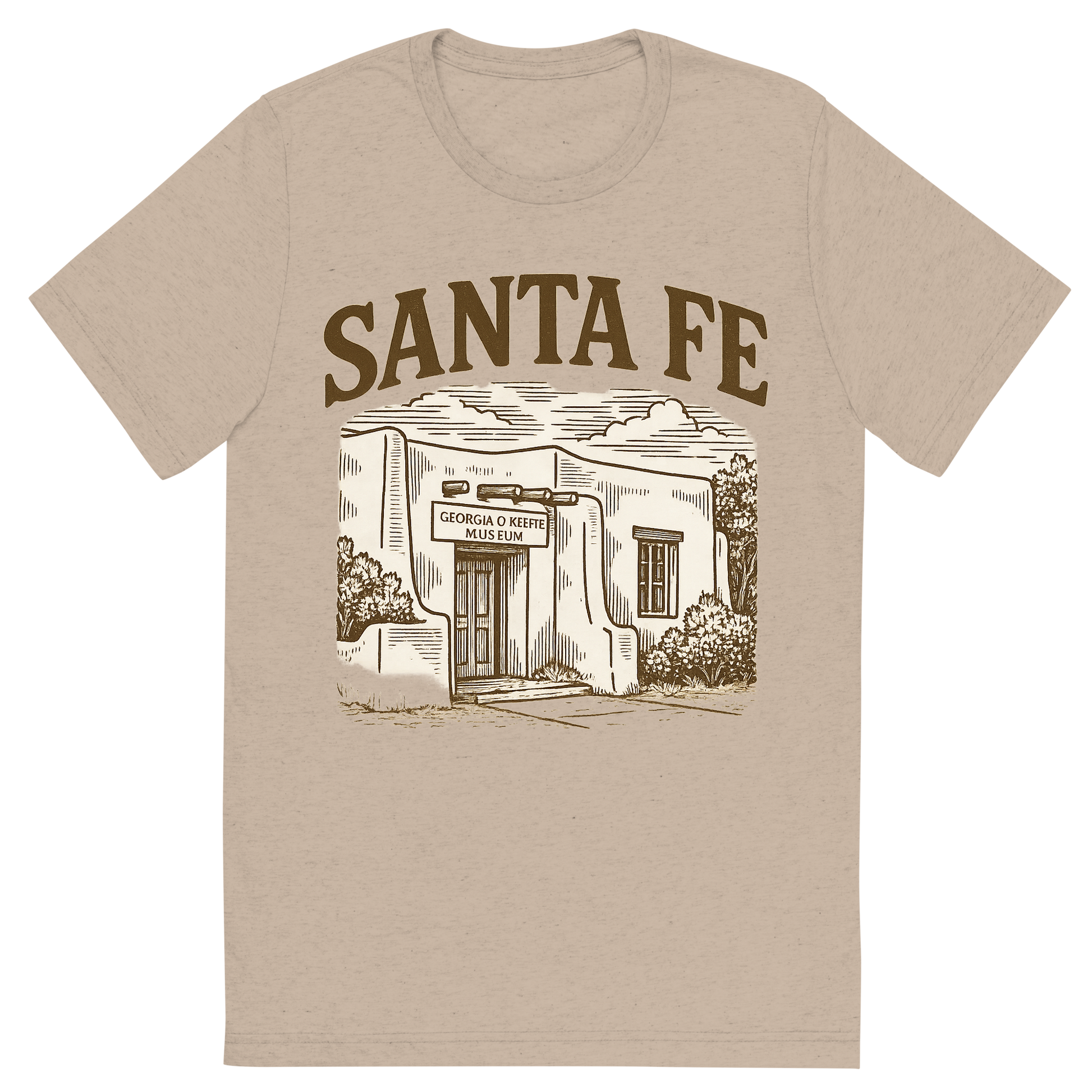 Front view of a Premium Tri-Blend Crew Neck T-Shirt in Tan showing 'A typographic, nostalgic graphic of a typographic illustration of the words 'santa fe' with a vintage line art drawing of the georgia o’keeffe museum'