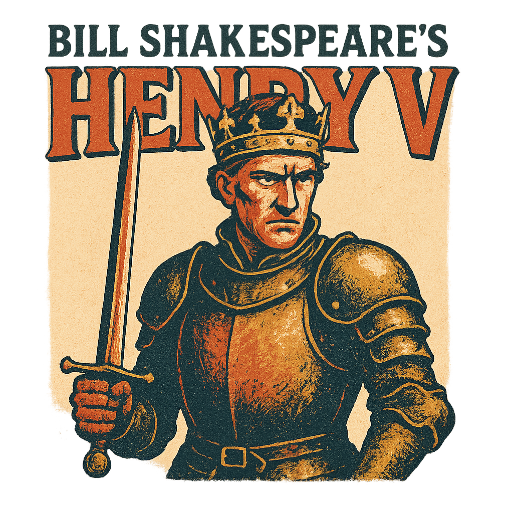 A retro, edgy graphic of a visual representation of a key theme and character from william shakespeare's henry v – a t-shirt design