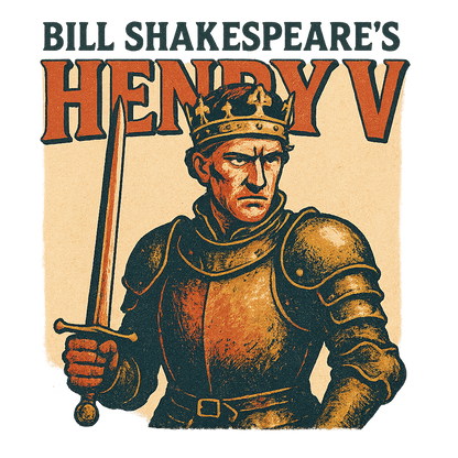A retro, edgy graphic of a visual representation of a key theme and character from william shakespeare's henry v – a t-shirt design