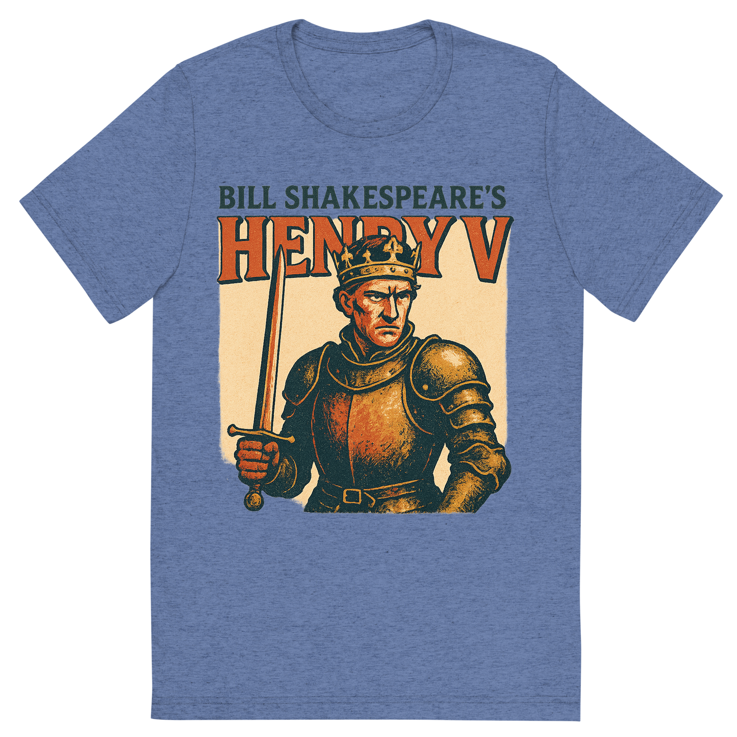 Front view of a Premium Tri-Blend Crew Neck T-Shirt in Blue showing 'A retro, edgy graphic of a visual representation of a key theme and character from william shakespeare's henry v'