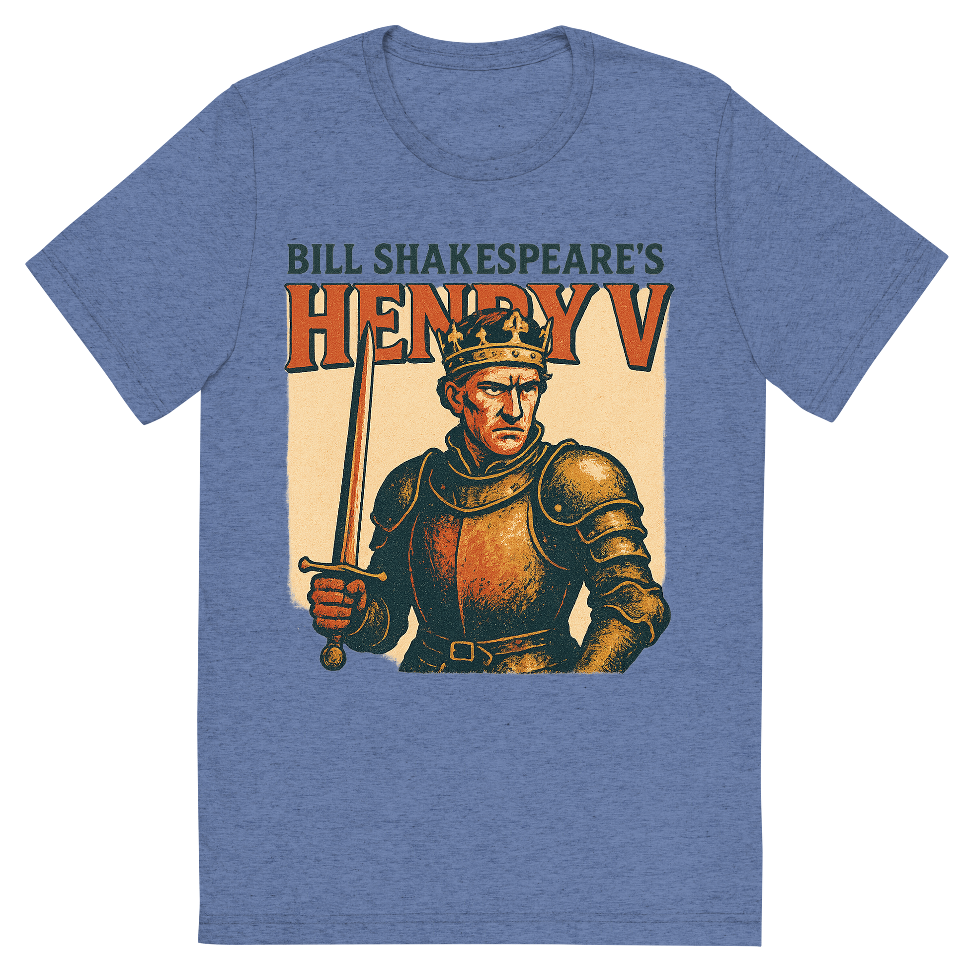 Front view of a Premium Tri-Blend Crew Neck T-Shirt in Blue showing 'A retro, edgy graphic of a visual representation of a key theme and character from william shakespeare's henry v'