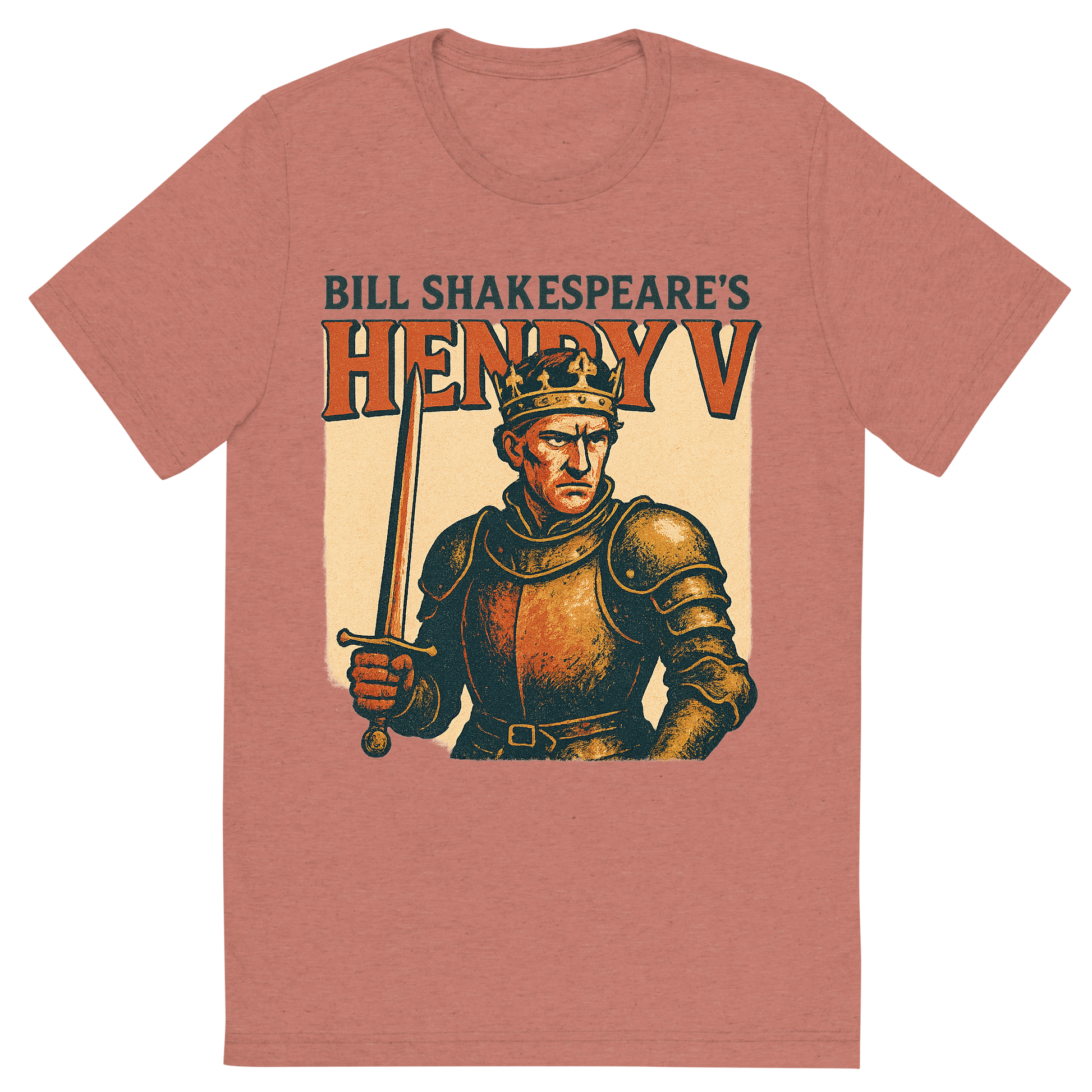 Front view of a Premium Tri-Blend Crew Neck T-Shirt in Mauve showing 'A retro, edgy graphic of a visual representation of a key theme and character from william shakespeare's henry v'