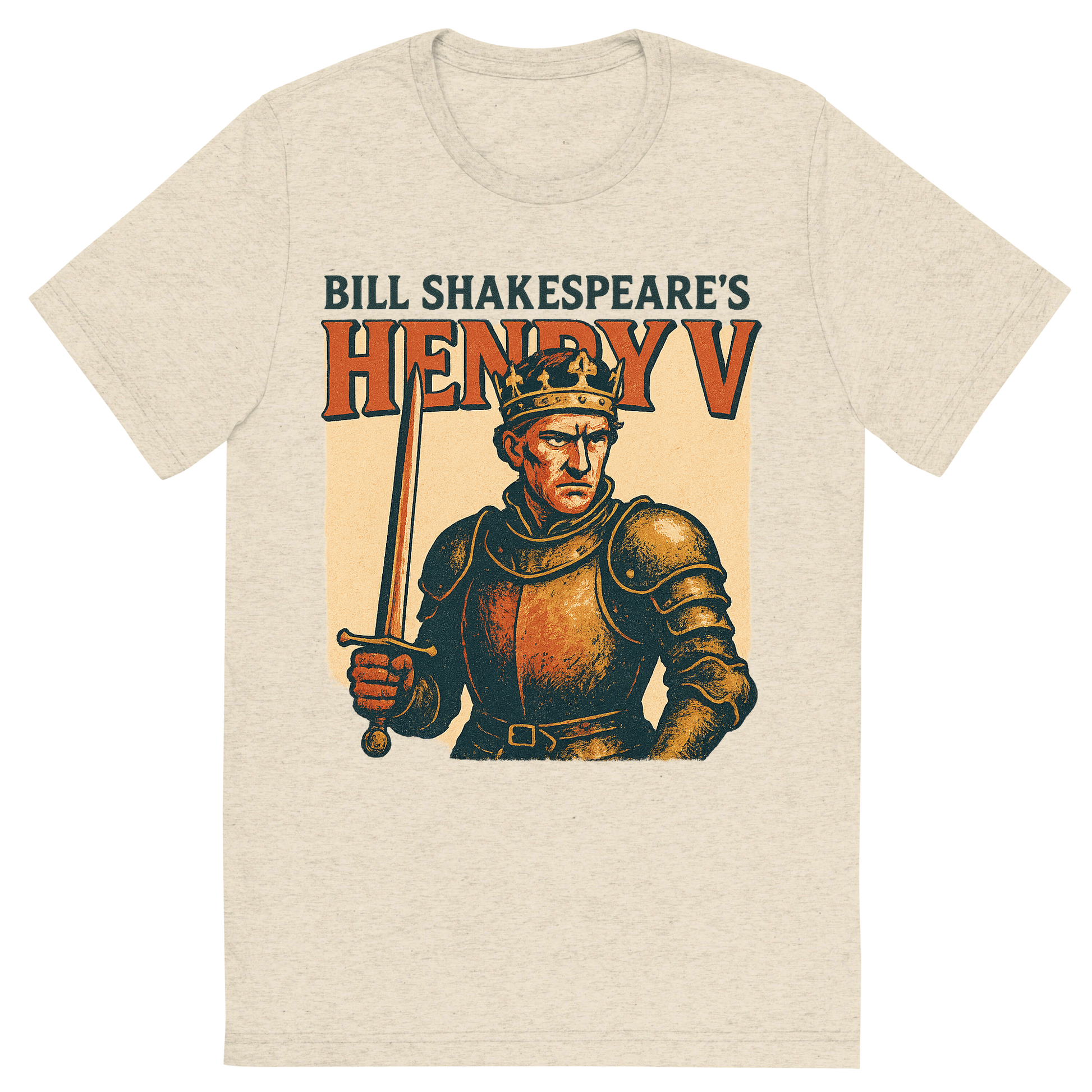 Front view of a Premium Tri-Blend Crew Neck T-Shirt in Oatmeal showing 'A retro, edgy graphic of a visual representation of a key theme and character from william shakespeare's henry v'