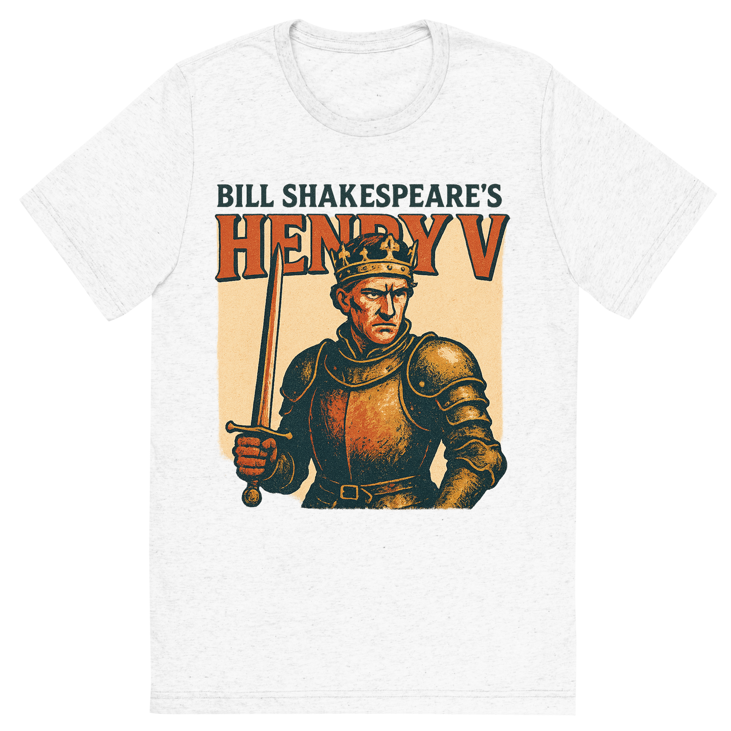 Front view of a Premium Tri-Blend Crew Neck T-Shirt in Solid White showing 'A retro, edgy graphic of a visual representation of a key theme and character from william shakespeare's henry v'