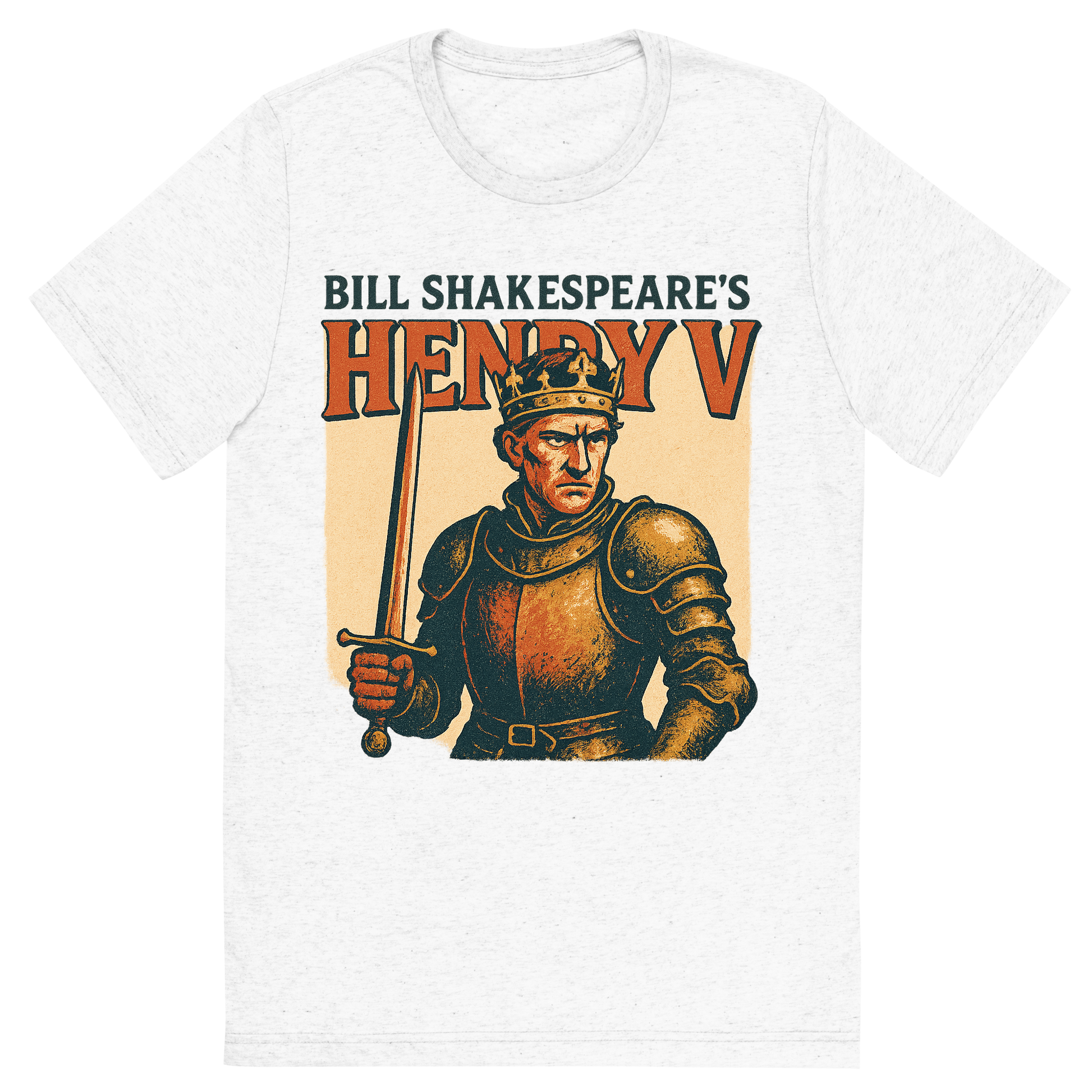 Front view of a Premium Tri-Blend Crew Neck T-Shirt in Solid White showing 'A retro, edgy graphic of a visual representation of a key theme and character from william shakespeare's henry v'